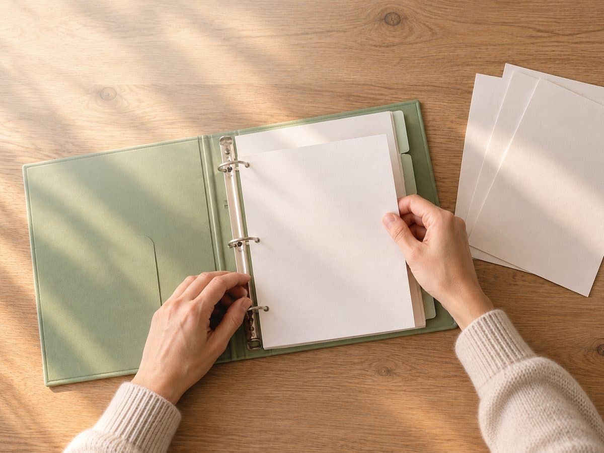 Hands adding a page to an open green ring binder
