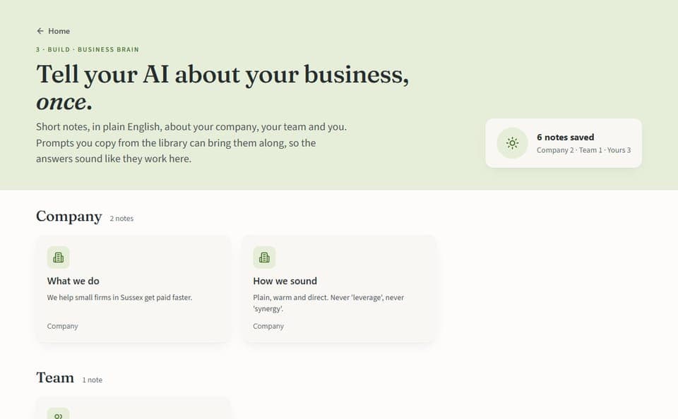 The Business Brain page, where you add facts about your business that prompts can use