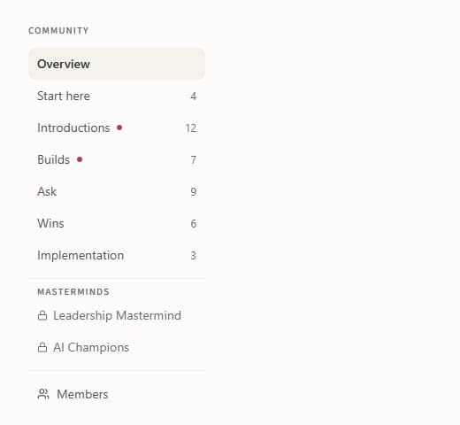 The Community room list: Overview, Start here, Introductions, Builds, Ask, Wins and Implementation