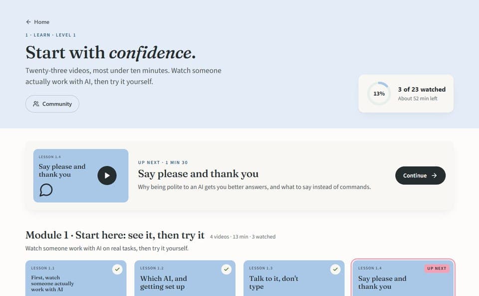 The Level 1 course page: a progress ring, the next lesson to watch and the first module's lesson thumbnails