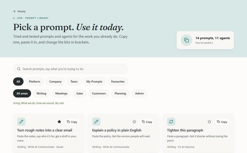 The Prompt Library: prompt cards grouped by area, each with a copy button