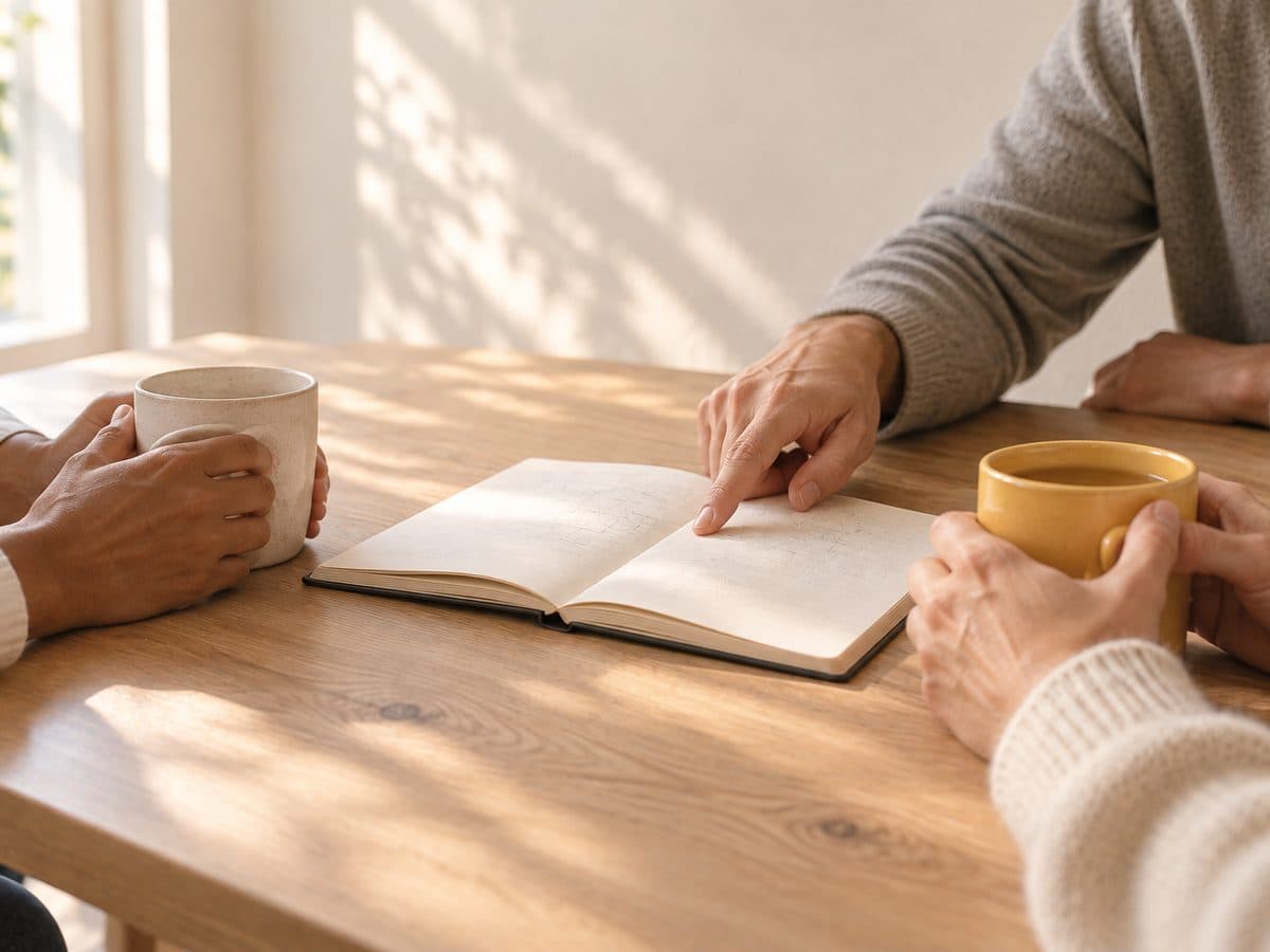 Three people sharing a table with mugs and an open notebook