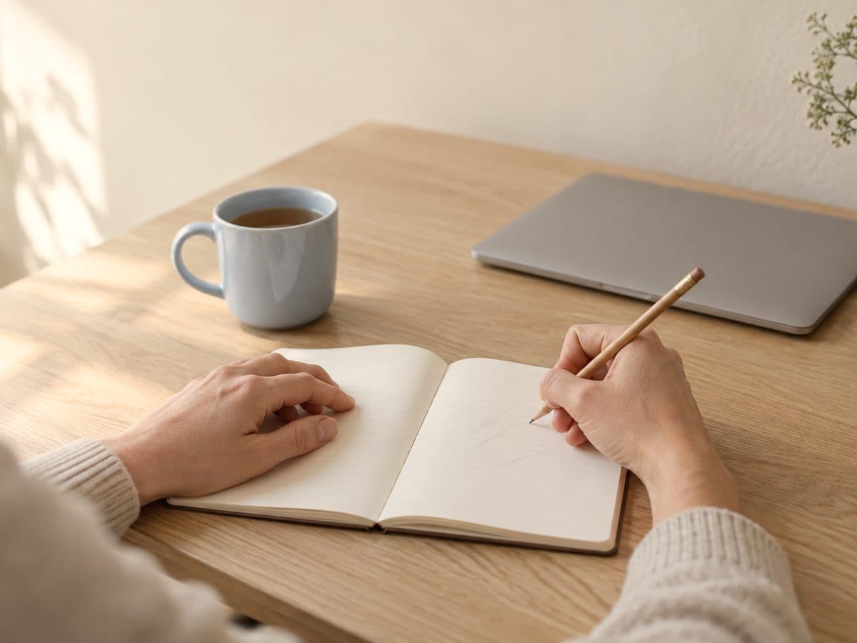 Hands writing in a notebook beside a pale blue mug of tea