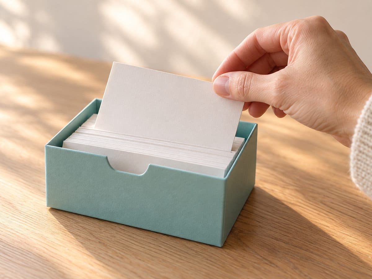 A hand lifting a blank card from a teal box of index cards